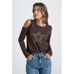 CAMISETA TEEN SIN HOMBROS ESTRELLA TACHUELAS