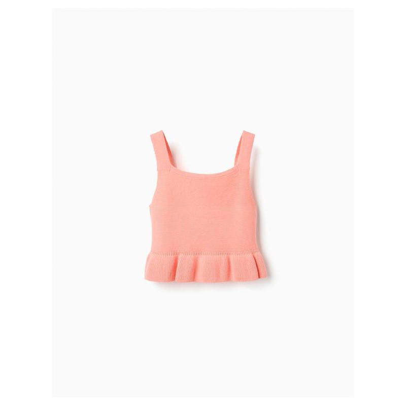 Top sin mangas de punto para niña de color coral claro con volante en el bajo de la marca Zippy