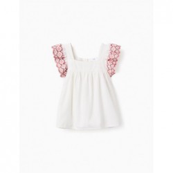 BLUSA NIÑA VOLANTE BORDADO FLORES CORAL