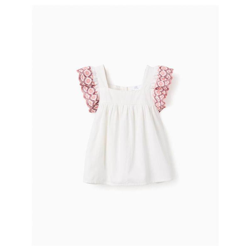 BLUSA NIÑA VOLANTE BORDADO FLORES CORAL
