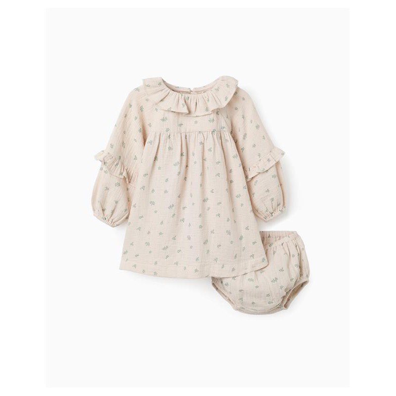 vestido bebe nina beige estampado floral verde cubrepanal algodon zippy chic and kid
