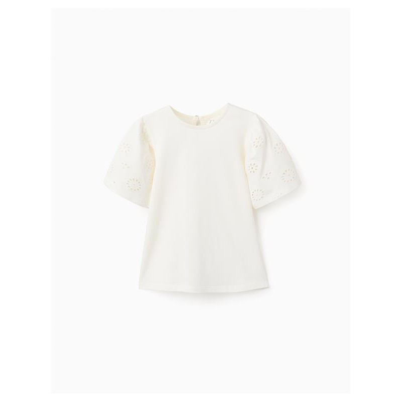 CAMISETA NIÑA MANGA BORDADA CRUDA