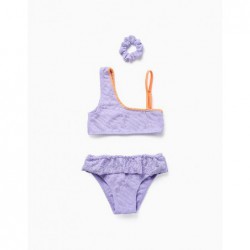 BIKINI NIÑA ASIMEMTRICO VOLANTES + COLETERO LILA