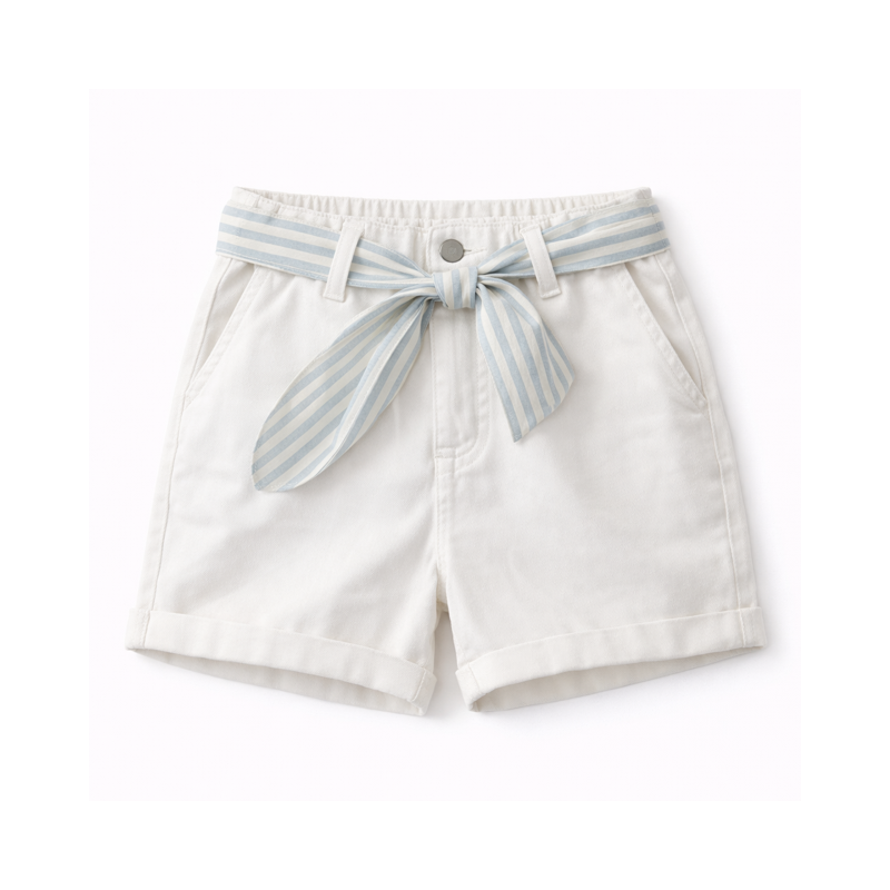 SHORT CHICA BLANCO CINTURON RAYAS CELESTE