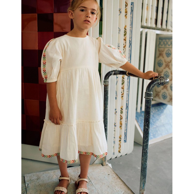 VESTIDO NIÑA PUNTO CRUZ MANGA BEIGE