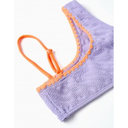 BIKINI NIÑA ASIMEMTRICO VOLANTES + COLETERO LILA