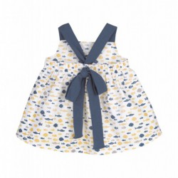 vestido de nina de la marca calamaro baby con estampado de peces y tirantes cruzados con lazo marino en la espalda