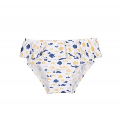 culetin de bano para nina de la marca calamaro baby con estampado de peces y volante decorativo