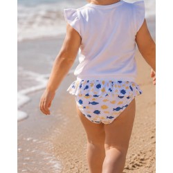 culetin de bano para nina de la marca calamaro baby con estampado de peces y volante decorativo