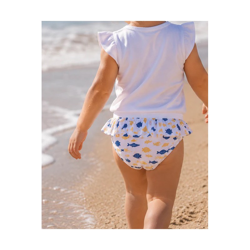culetin de bano para nina de la marca calamaro baby con estampado de peces y volante decorativo