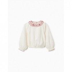 blusa niña manga larga blanca crudo cuello redondo bordado flores etnico zippy chic and kid