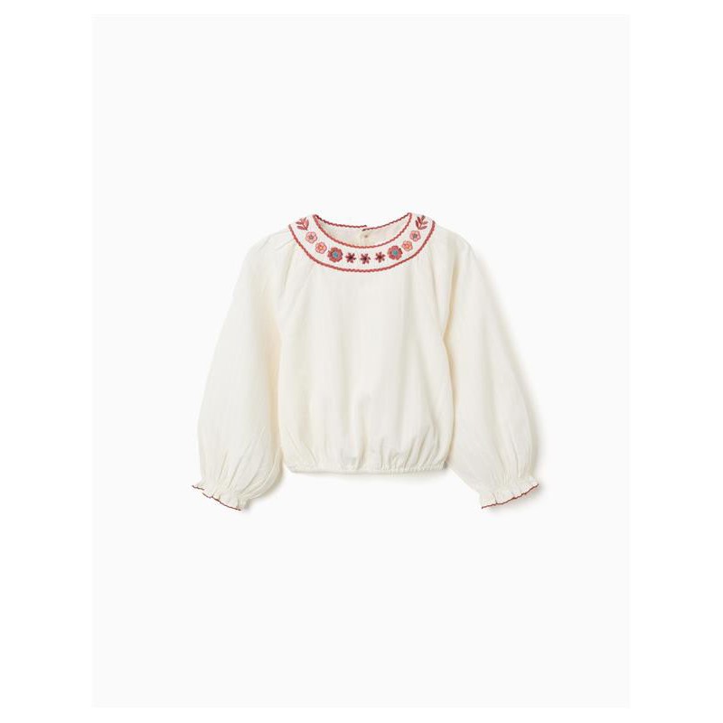 blusa niña manga larga blanca crudo cuello redondo bordado flores etnico zippy chic and kid