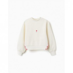 sudadera niña blanca crudo bordado tulipan rojo detalles laterales ondas zippy chic and kid