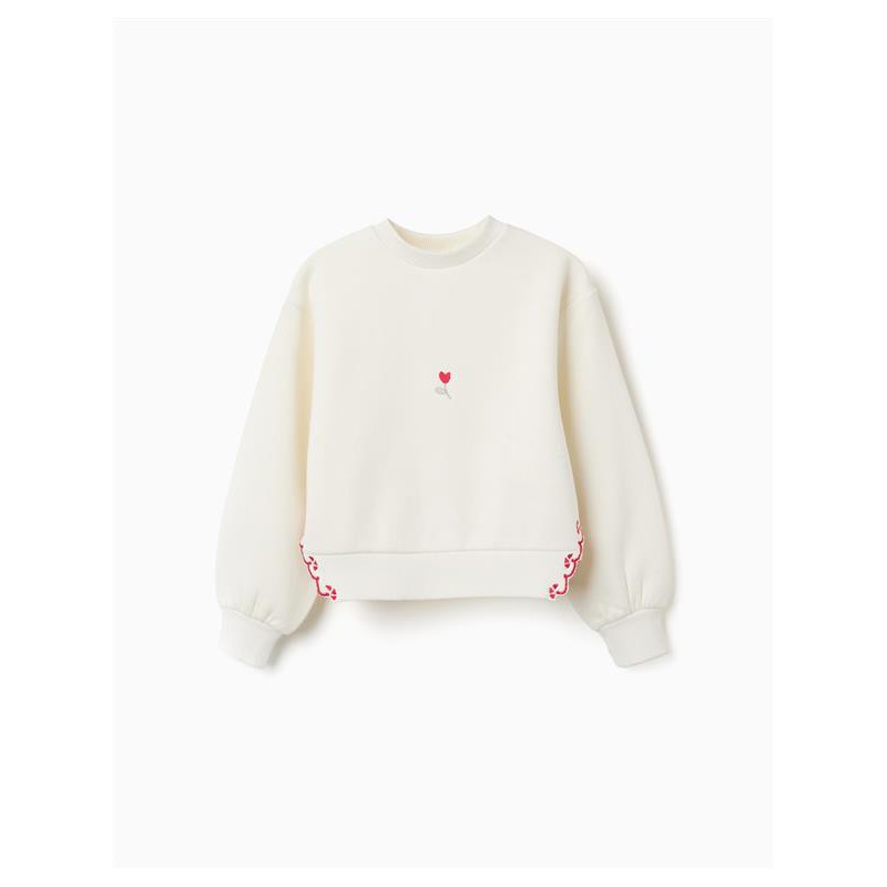 sudadera niña blanca crudo bordado tulipan rojo detalles laterales ondas zippy chic and kid