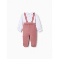 conjunto bebe nina blusa blanca cuello bebe flores bordadas pantalon punto tirantes rosa zippy chic and kid