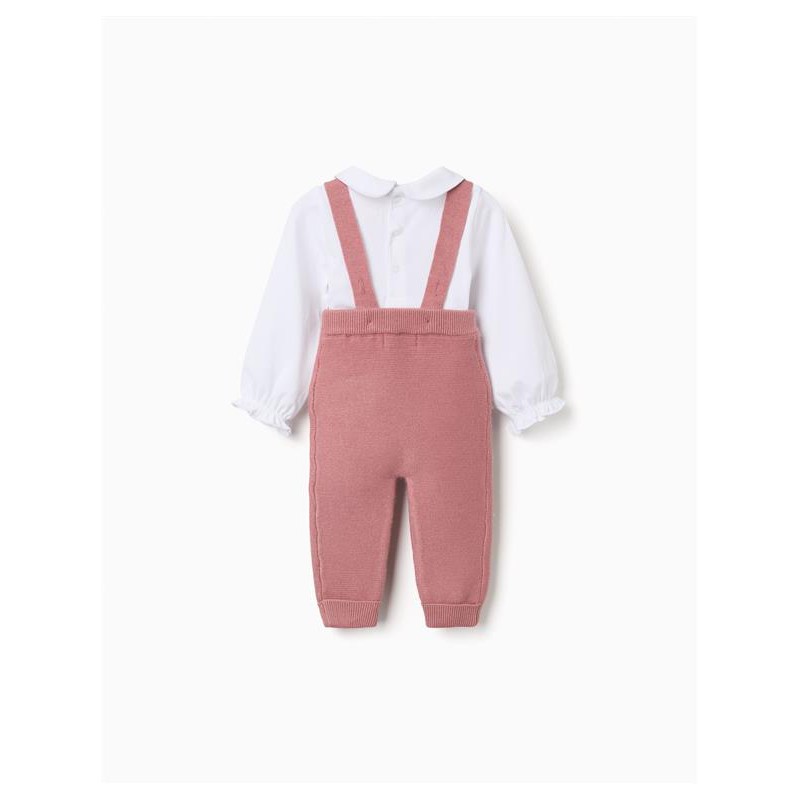conjunto bebe nina blusa blanca cuello bebe flores bordadas pantalon punto tirantes rosa zippy chic and kid