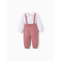 conjunto bebe nina blusa blanca cuello bebe flores bordadas pantalon punto tirantes rosa zippy chic and kid