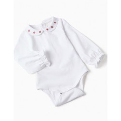 conjunto bebe nina blusa blanca cuello bebe flores bordadas pantalon punto tirantes rosa zippy chic and kid
