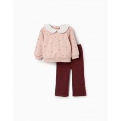 conjunto bebe nina sudadera rosa estampado flores cuello bobo volantes leggings elásticos granate zippy chic and kid