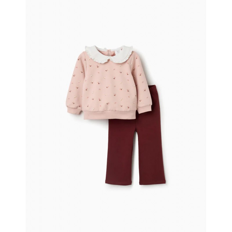 conjunto bebe nina sudadera rosa estampado flores cuello bobo volantes leggings elásticos granate zippy chic and kid