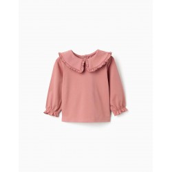 camiseta nina manga larga punto rosa viejo cuello bobo volantes puños elásticos zippy chic and kid