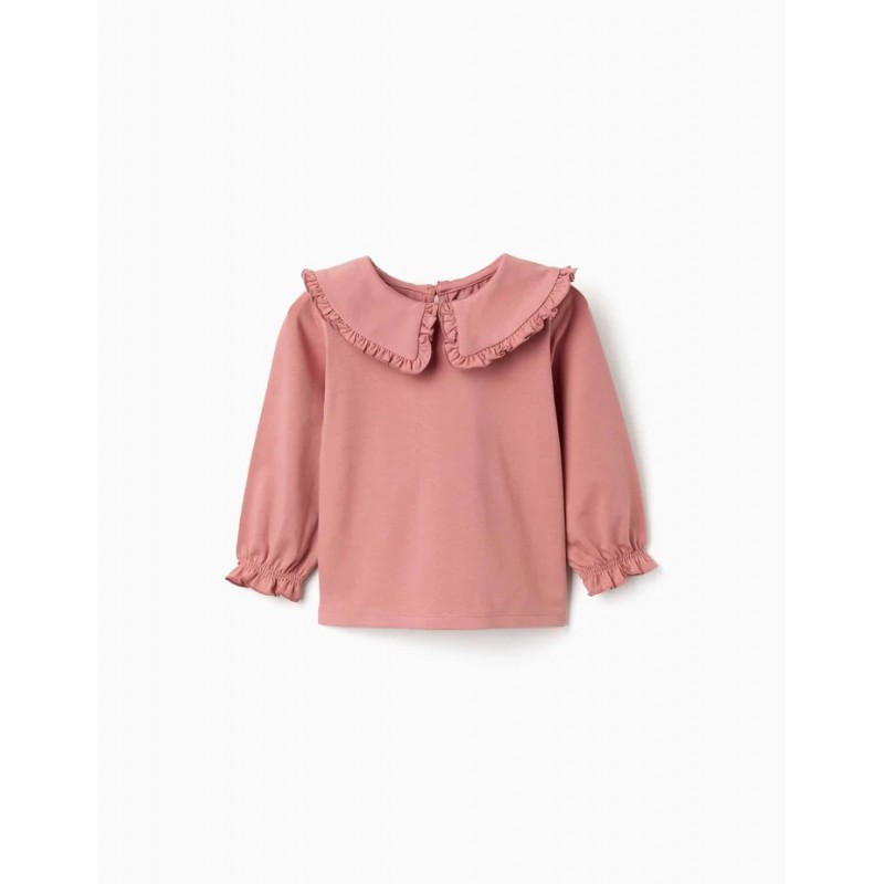 camiseta nina manga larga punto rosa viejo cuello bobo volantes puños elásticos zippy chic and kid