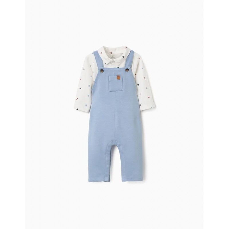 conjunto bebe peto chandal felpa azul camisa blanca estampada cuello abotonado zippy chic and kid