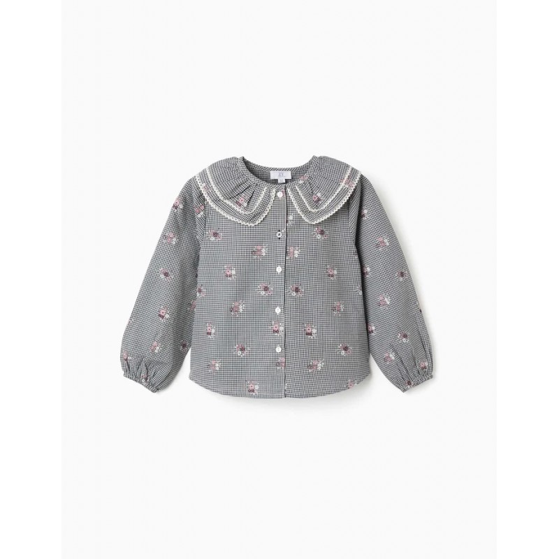 camisa manga larga nina cuadros vichy azul marino blanco estampado floral cuello bobo zippy chic and kid