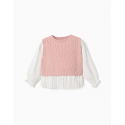 jersey nina efecto 2 en 1 chaleco punto rosa blusa blanca bordado suizo zippy chic and kid