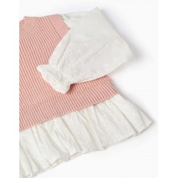 jersey nina efecto 2 en 1 chaleco punto rosa blusa blanca bordado suizo zippy chic and kid