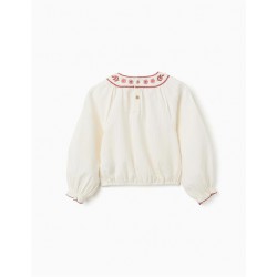 blusa niña manga larga blanca crudo cuello redondo bordado flores etnico zippy chic and kid