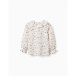 blusa nina manga larga blanca estampado floral flores rosas cuello bobo volante zippy chic and kid