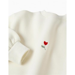 sudadera niña blanca crudo bordado tulipan rojo detalles laterales ondas zippy chic and kid