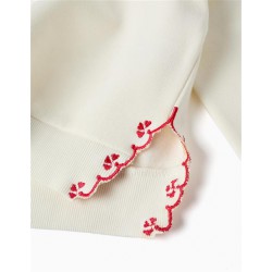 sudadera niña blanca crudo bordado tulipan rojo detalles laterales ondas zippy chic and kid