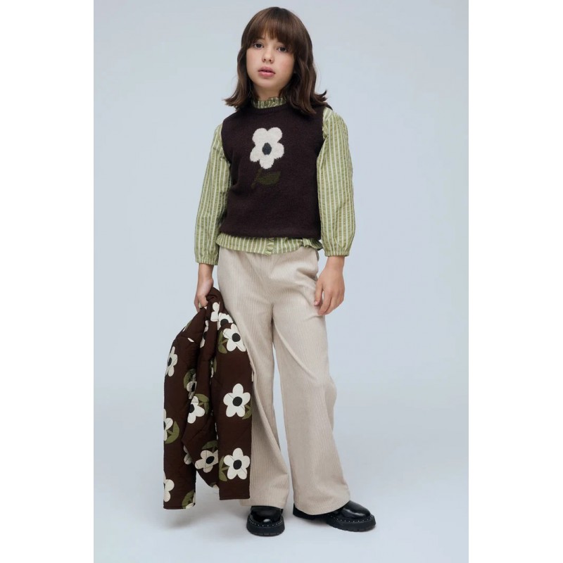 chaleco nina punto marron oscuro estampado flor jacquard blanca zippy chic and kid
