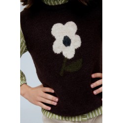 chaleco nina punto marron oscuro estampado flor jacquard blanca zippy chic and kid