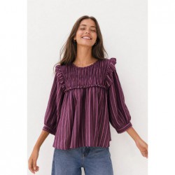 blusa mujer manga francesa rayas verticales moradas berenjena nido de abeja pecho volantes armonias chic and kid