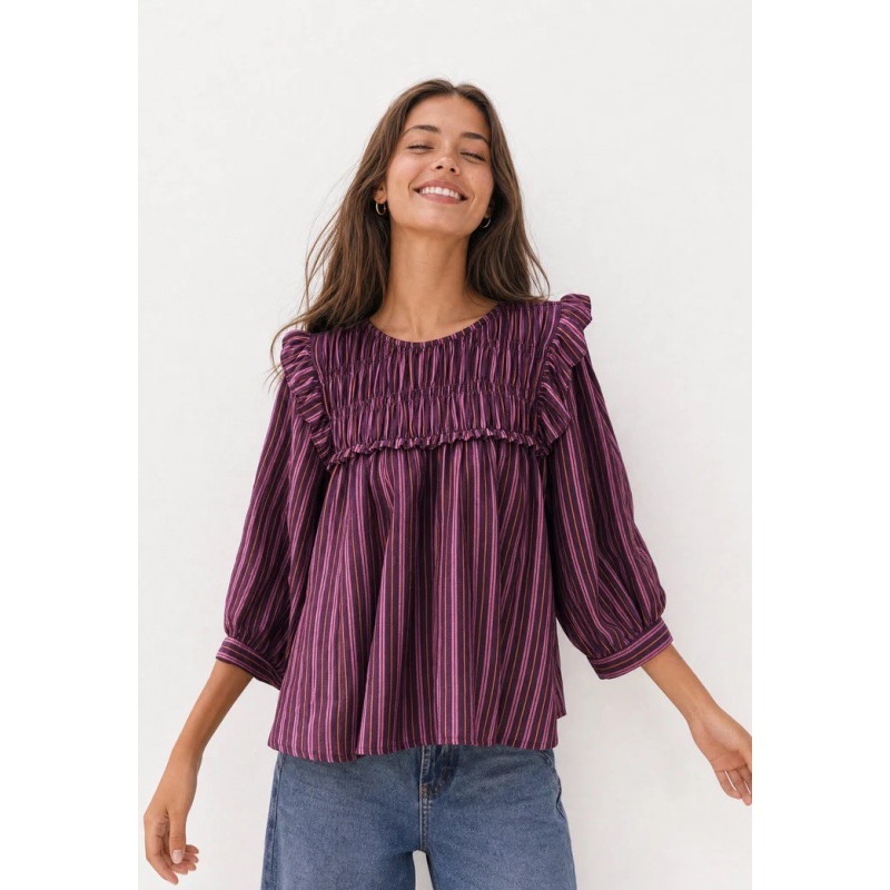 blusa mujer manga francesa rayas verticales moradas berenjena nido de abeja pecho volantes armonias chic and kid