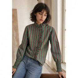 camisa mujer manga larga rayas verticales verde oliva burdeos cuello mao volantes puños nido de abeja armonias chic and kid