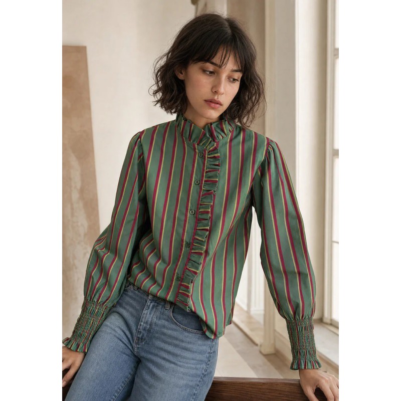 camisa mujer manga larga rayas verticales verde oliva burdeos cuello mao volantes puños nido de abeja armonias chic and kid