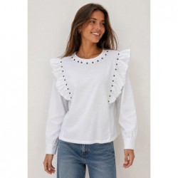 blusa mujer manga larga blanca volantes hombros tachuelas remaches metalicos cuello redondo armonias chic and kid