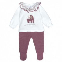 conjunto bebe nina camiseta blanca cuello volante flores elefante namaste polaina malva calamaro meira chic and kid