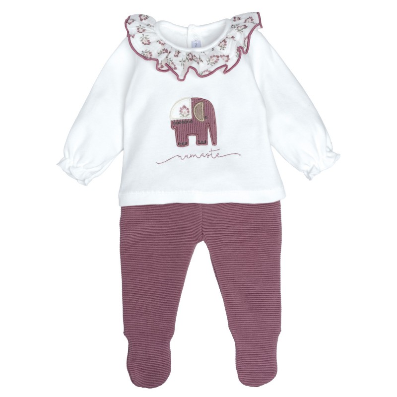conjunto bebe nina camiseta blanca cuello volante flores elefante namaste polaina malva calamaro meira chic and kid