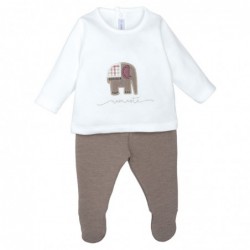 conjunto bebe dos piezas camiseta blanca elefante namaste polaina punto taupe gris calamaro meira chic and kid