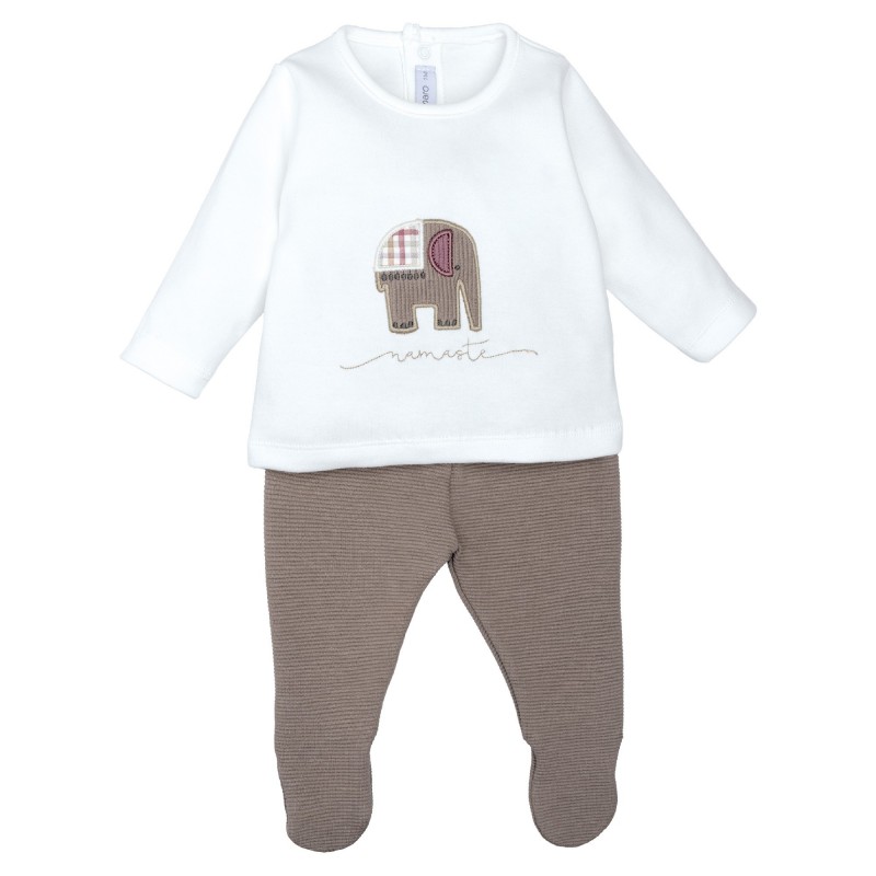 conjunto bebe dos piezas camiseta blanca elefante namaste polaina punto taupe gris calamaro meira chic and kid