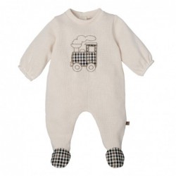 pelele bebe punto crudo marfil bordado tren cuadros vichy pies integrados calamaro borben chic and kid