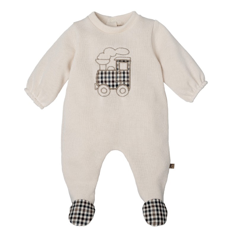 pelele bebe punto crudo marfil bordado tren cuadros vichy pies integrados calamaro borben chic and kid