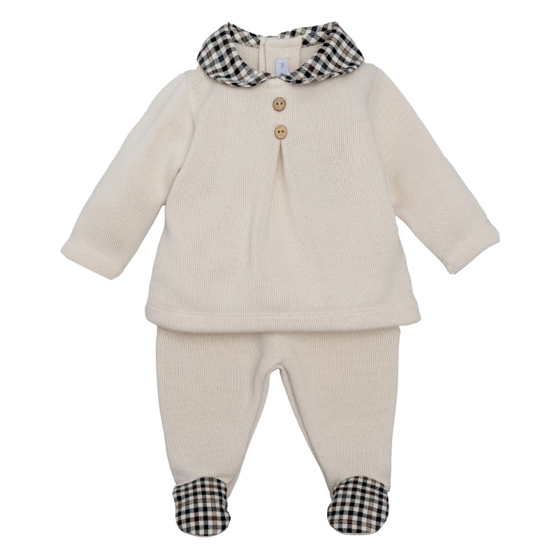 conjunto bebe punto crudo cuello bobo cuadros vichy pantalon polaina pies integrados calamaro borben chic and kid