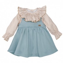 conjunto bebe nina blusa cuadros vichy nido de abeja cuello volante vestido pichi azul calamaro chic and kid