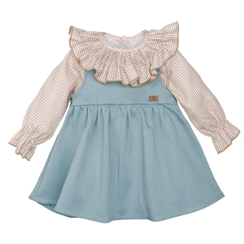 conjunto bebe nina blusa cuadros vichy nido de abeja cuello volante vestido pichi azul calamaro chic and kid